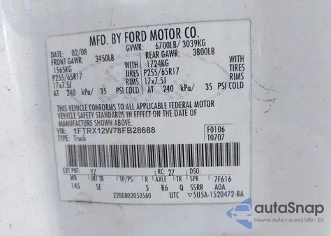 2008 Ford F-150 Fx2/Stx/Xl/Xlt from USA, damaged, VIN 1FTRX12W78FB28688